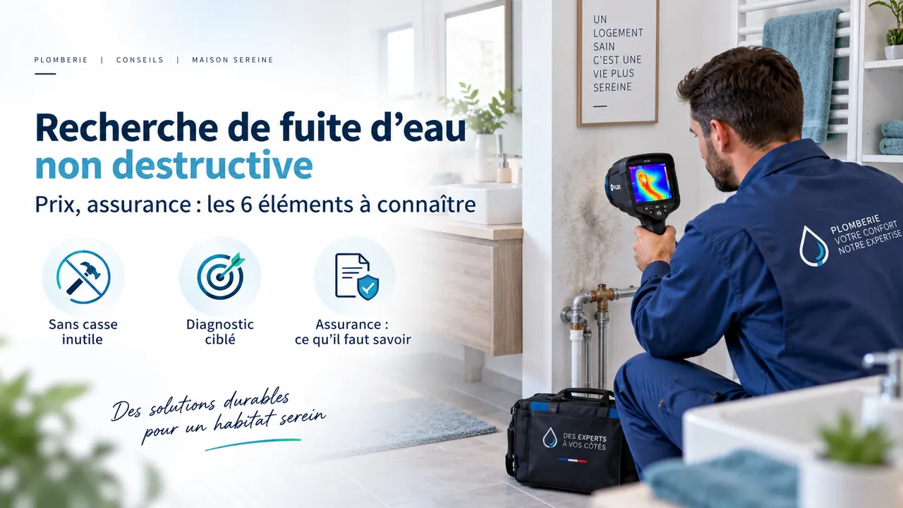 Plombier inspectant un mur humide à la caméra thermique pour localiser une fuite sans casser à Garches