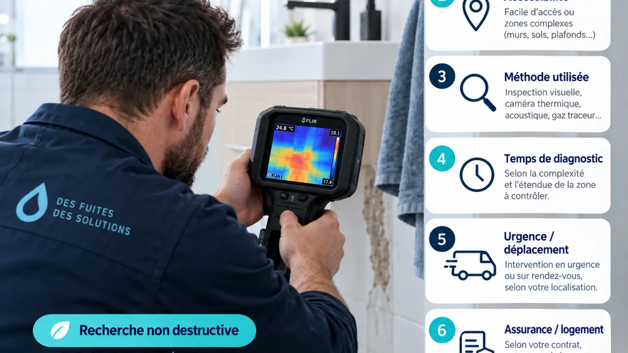 Plombier localisant une fuite cachée avec une caméra thermique sur un mur de salle de bain à Garches
