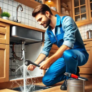 Technicien installant un système de plomberie dans une salle de bain moderne.